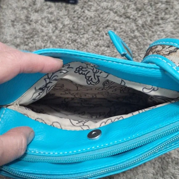 Faux leather and camouflage canvas studded rhinestone crossbody bag - teal/green - Picture 6 of 12